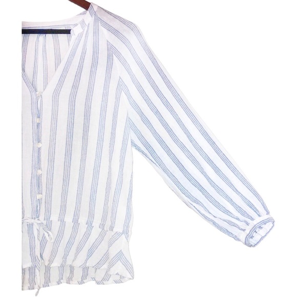 Rails Marti Cayman White/Blue Stripe Long Peasant Sleeve Linen Button Front Top - Picture 8 of 11